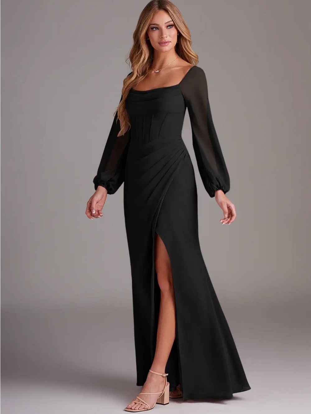 Azazie Black Long-Sleeve Square Neck Evening Gown with Side Slit